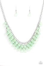 Load image into Gallery viewer, Rows of refreshing green teardrops cascade from the bottom of a shimmery silver chain, creating a flirty fringe below the collar. Features an adjustable clasp closure.  Sold as one individual necklace. Includes one pair of matching earrings.