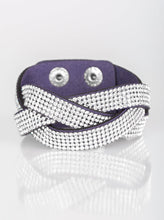 Load image into Gallery viewer, Encrusted in row after row of glittery white rhinestones, three blue suede bands braid across the wrist for a sassy look. Features an adjustable snap closure.  Sold as one individual bracelet.  