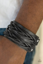 Load image into Gallery viewer, Strands of braided leather bands are studded across the front of a thick leather band for a rugged urban look. Features an adjustable snap closure.  Sold as one individual bracelet.  Always nickel and lead free.