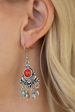 Load image into Gallery viewer, Dotted with earthy orange and gray stone accents, an ornate silver frame gives way to a silver beaded fringe for a seasonal look. Earring attaches to a standard fishhook fitting.  Sold as one pair of earrings.  Always nickel and lead free.