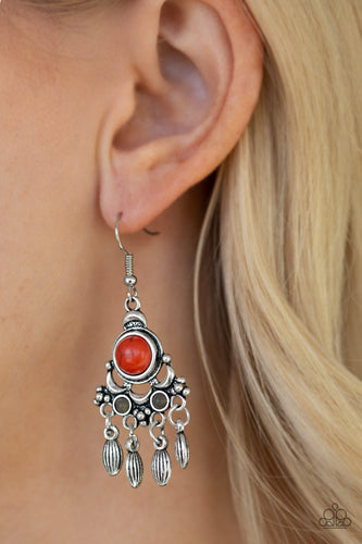 Dotted with earthy orange and gray stone accents, an ornate silver frame gives way to a silver beaded fringe for a seasonal look. Earring attaches to a standard fishhook fitting.  Sold as one pair of earrings.  Always nickel and lead free.