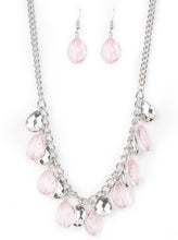 Load image into Gallery viewer, Faceted silver and glassy pink teardrops swing from the bottom of a thick silver chain, creating a vivacious fringe below the collar. Features an adjustable clasp closure.  Sold as one individual necklace. Includes one pair of matching earrings.