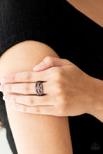 Load image into Gallery viewer, Three red emerald-cut rhinestones are encrusted along three gunmetal bands radiating with smooth surfaces and sections of glittery hematite rhinestones for an edgy fashion. Features a stretchy band for a flexible fit.  Sold as one individual ring.   Always nickel and lead free.