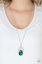 Load image into Gallery viewer, A glittery green teardrop gem is pressed into a silver frame radiating with glassy white rhinestones. The glamorous pendant swings from the bottom of a shimmery silver chain for a refined look. Features an adjustable clasp closure.  Sold as one individual necklace. Includes one pair of matching earrings.  Always nickel and lead free.