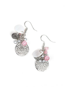 A collection of pearly silver seed beads, a shell-like teardrop, and pink cat's eye beads trickle from the ear. Brushed in a shimmery finish, a silver seashell and nautical inspired frame are added to the clustered fringe for a whimsical finish. Earring attaches to a standard fishhook fitting.  Sold as one pair of earrings.