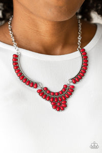 Featuring round and teardrop shapes, a collection of tranquil red stone beads are pressed into interconnected silver plates, creating a fiery floral inspired statement piece below the collar. Features an adjustable clasp closure.   Featured inside The Preview at ONE Life!   Sold as one individual necklace. Includes one pair of matching earrings.