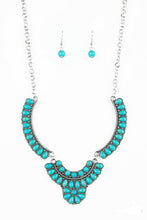 Load image into Gallery viewer, Featuring round and teardrop shapes, a collection of tranquil turquoise stone beads are pressed into interconnected silver plates, creating a refreshing floral inspired statement piece below the collar. Features an adjustable clasp closure.  Sold as one individual necklace. Includes one pair of matching earrings.