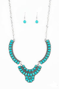 Featuring round and teardrop shapes, a collection of tranquil turquoise stone beads are pressed into interconnected silver plates, creating a refreshing floral inspired statement piece below the collar. Features an adjustable clasp closure.  Sold as one individual necklace. Includes one pair of matching earrings.