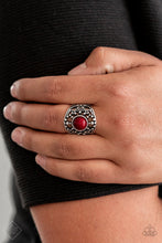 Load image into Gallery viewer, A hearty wine bead is pressed into a shimmery silver frame swirling with studded filigree, creating a colorful centerpiece atop the finger. Features a stretchy band for a flexible fit.  Sold as one individual ring.   Glimpses of Malibu December 2019  Always nickel and lead free.