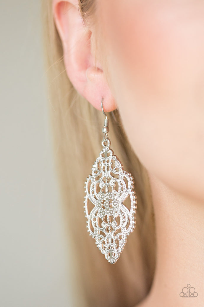 Brushed in a high-sheen shimmer, dotted silver filigree swoops and swirls into a regal frame. Earring attaches to a standard fishhook fitting.  Sold as one pair of earrings.  Always nickel and lead free.
