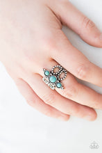 Load image into Gallery viewer, Dainty turquoise stones stack down the center of a frilly silver band radiating with studded textures. Features a stretchy band for a flexible fit.  Sold as one individual ring.  Always nickel and lead free.