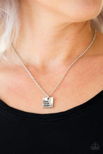 Load image into Gallery viewer, Stamped in the inspirational phrase, &quot;own your journey,&quot; an antiqued silver plate swings below the collar for a whimsical fashion. Features an adjustable clasp closure.  Sold as one individual necklace. Includes one pair of matching earrings.   Always nickel and lead free.