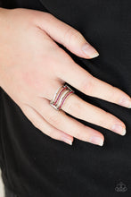 Load image into Gallery viewer, Glistening silver and red rhinestone encrusted bars wave across the finger, coalescing into an airy band. Features a stretchy band for a flexible fit.  Sold as one individual ring. Always nickel and lead free.