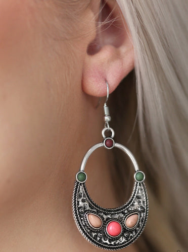 Chiseled into round and teardrop shapes, multicolored stones are pressed into the bottom of a delicately hammered silver lure for a seasonal look. Earring attaches to a standard fishhook fitting.  Sold as one pair of earrings.  