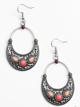 Load image into Gallery viewer, Chiseled into round and teardrop shapes, multicolored stones are pressed into the bottom of a delicately hammered silver lure for a seasonal look. Earring attaches to a standard fishhook fitting.  Sold as one pair of earrings.