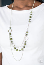 Load image into Gallery viewer, Pearly green beads and shimmery silver hoops trickle along glistening silver chains, creating mismatched layers down the chest. Features an adjustable clasp closure.  Sold as one individual necklace. Includes one pair of matching earrings.   Always nickel and lead free.