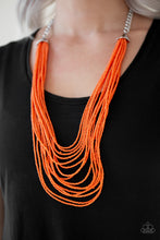 Load image into Gallery viewer, Infused with two bold silver fittings, row after row of orange seed beads layer across the chest for a seasonal fashion. Features an adjustable clasp closure.  Sold as one individual necklace. Includes one pair of matching earrings.  Always nickel and lead free. 