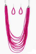 Load image into Gallery viewer, Infused with two bold silver fittings, row after row of pink seed beads layer across the chest for a seasonal fashion. Features an adjustable clasp closure.  Sold as one individual necklace. Includes one pair of matching earrings.
