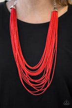 Load image into Gallery viewer, Infused with two bold silver fittings, row after row of red seed beads layer across the chest for a seasonal fashion. Features an adjustable clasp closure.  Sold as one individual necklace. Includes one pair of matching earrings.  Always nickel and lead free.