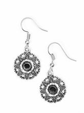 Load image into Gallery viewer, Textured silver leaves and shiny silver petals bloom from a dainty black rhinestone, creating a whimsical frame. Earring attaches to a standard fishhook fitting.  Sold as one pair of earrings.