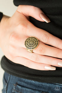 Brushed in an antiqued shimmer, glistening brass petals bloom from the center of a round frame for a seasonal look. Features a stretchy band for a flexible fit.  Sold as one individual ring.  Always nickel and lead free.