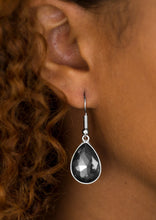 Load image into Gallery viewer, An oversized smoky rhinestone teardrop drips from the ear in a timeless fashion. Earring attaches to a standard fishhook fitting.  Sold as one pair of earrings.   