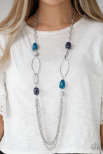 Load image into Gallery viewer, Featuring polished and cloudy faux rock finishes, gray and blue beads link with bold silver hoops. The whimsical compilation gives way to layers of mismatched silver chains for a seasonal finish. Features an adjustable clasp closure.  Sold as one individual necklace. Includes one pair of matching earrings.