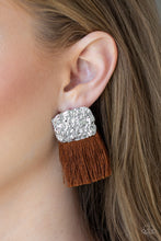 Load image into Gallery viewer, An assortment of geometric silver frames connect into an edgy lure. A fan of shiny gray thread flares from the bottom of the stacked frame for a funky finish. Earring attaches to a standard post fitting.  Sold as one pair of post earrings.  Always nickel and lead free. 