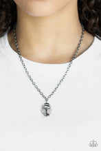 Load image into Gallery viewer, Encrusted in glassy white rhinestones, a dainty heart-lock and key swing from the bottom of a glistening gunmetal chain below the collar for a charming look. Features an adjustable clasp closure.  Sold as one individual necklace. Includes one pair of matching earrings.  Always nickel and lead free.