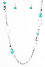 Load image into Gallery viewer, Featuring round and faceted shapes, refreshing green and shiny silver beads trickle along a bold silver chain for a seasonal look. Features an adjustable clasp closure.  Sold as one individual necklace. Includes one pair of matching earrings.