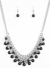 Load image into Gallery viewer, Infused with a bold silver chain, classic silver beads are threaded along a skinny wire below the collar. Polished black and faceted crystal-like beads swing from the bottom of the silver beads, creating a refined fringe. Features an adjustable clasp closure.  Sold as one individual necklace. Includes one pair of matching earrings.
