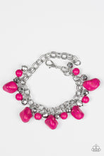 Load image into Gallery viewer, Featuring round and asymmetrical cuts, vivacious pink stones trickle from the bottom of a double chain-linked chain. Faceted silver beads trickle between the stones, adding a splash of metallic shimmer to the earthy fringe. Features an adjustable clasp closure.  Sold as one individual bracelet.  Always nickel and lead free.