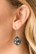 Load image into Gallery viewer, Encrusted in radiant hematite rhinestones and dainty silver studs, antiqued silver frames overlap into a square frame. Glittery hematite rhinestones, smoky marquise cut rhinestones, and dainty silver pearls are haphazardly sprinkled across the center for a refined finish. Earring attaches to a standard fishhook fitting.  Sold as one pair of earrings.  Always nickel and lead free.