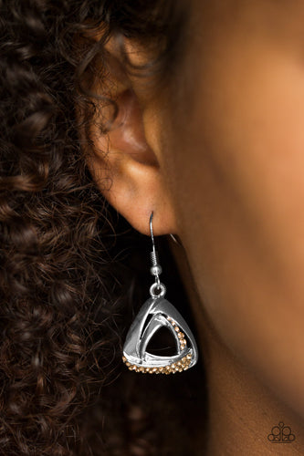 Sporadically encrusted in golden topaz rhinestones, glistening folds of silver fold into a refined triangular frame for an elegant look. Earring attaches to a standard fishhook fitting.  Sold as one pair of earrings.  Always nickel and lead free.