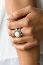 Load image into Gallery viewer, A refreshing white stone is pressed into the center of a silver frame radiating with studded and twisted rope-like textures for an artisan inspired look. Features a stretchy band for a flexible fit.  Sold as one individual ring.  Always nickel and lead free.