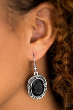 Load image into Gallery viewer, An oversized black gem is pressed into a beveled silver frame radiating with glittery hematite rhinestones for a regal look. Earring attaches to a standard fishhook fitting.  Sold as one pair of earrings.  Always nickel and lead free.