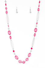 Load image into Gallery viewer, Varying in shape and shimmer, faceted pink and metallic crystal-like beads trickle down the chest for a whimsical look. Features an adjustable clasp closure.  Sold as one individual necklace. Includes one pair of matching earrings.