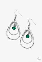 Load image into Gallery viewer, A green crystal-like bead swings from the top of a double teardrop frame radiating with smooth and rope-like textures for a refined look. Earring attaches to a standard fishhook fitting. Sold as one pair of earrings.
