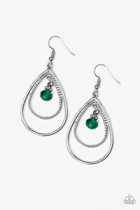A green crystal-like bead swings from the top of a double teardrop frame radiating with smooth and rope-like textures for a refined look. Earring attaches to a standard fishhook fitting. Sold as one pair of earrings.