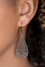 Load image into Gallery viewer, Featuring airy stenciled bottoms, glistening gunmetal teardrops drip from the ear for a refined look. Earring attaches to a standard fishhook fitting.  Sold as one pair of earrings.   Always nickel and lead free.