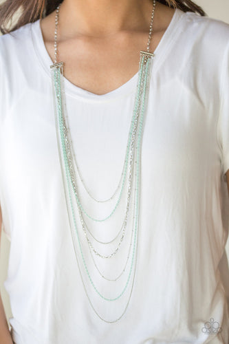   Mismatched silver chains alternate with dainty green chains down the chest, creating a colorful industrial look. Features an adjustable clasp closure.  Sold as one individual necklace. Includes one pair of matching earrings.  Always nickel and lead free.