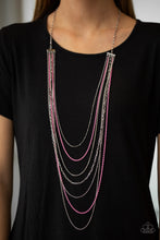 Load image into Gallery viewer,   Mismatched silver chains alternate with dainty pink chains down the chest, creating a colorful industrial look. Features an adjustable clasp closure.  Sold as one individual necklace. Includes one pair of matching earrings.  Always nickel and lead free.
