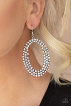 Load image into Gallery viewer, Row after row of glittery white rhinestones encircle into an oversized hoop, creating a gritty glamorous look. Earring attaches to a standard fishhook fitting.  Sold as one pair of earrings.  Always nickel and lead free.  Life of the Party June 2020