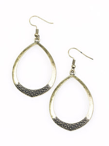 Brushed in an antiqued shimmer, the bottom of the brass teardrop frame is studded in texture for a rustic finish. Earring attaches to a standard fishhook fitting.  Sold as one pair of earrings.