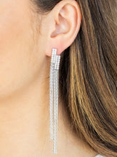 Load image into Gallery viewer, Radiating with dainty white rhinestones, asymmetrically stacked frames give way to strands of flat silver chains, creating an edgy chandelier. Earring attaches to a standard post fitting.  Sold as one pair of post earrings.