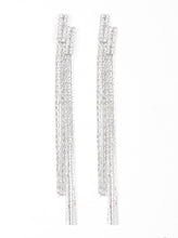 Load image into Gallery viewer, Radiating with dainty white rhinestones, asymmetrically stacked frames give way to strands of flat silver chains, creating an edgy chandelier. Earring attaches to a standard post fitting.  Sold as one pair of post earrings.