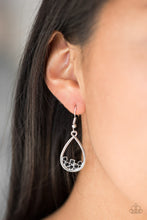 Load image into Gallery viewer, Varying in shape, a collection of dainty black rhinestones collect at the bottom of an airy silver teardrop frame for a timeless finish. Earring attaches to a standard fishhook fitting.  Sold as one pair of earrings.  Always nickel and lead free.