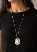 Load image into Gallery viewer, Radiating with white stone accents, a dramatic floral pendant swings from the bottom of a lengthened silver chain for a seasonal look. Features an adjustable clasp closure.  Sold as one individual necklace. Includes one pair of matching earrings.