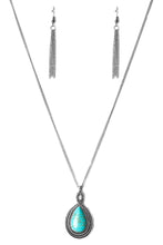 Load image into Gallery viewer, Filled with rope-like patterns, shimmery silver bars twist around a refreshing turquoise stone at the bottom of a lengthened silver chain for a seasonal look. Features an adjustable clasp closure.  Sold as one individual necklace. Includes one pair of matching earrings.