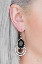 Load image into Gallery viewer, Shimmery silver hoops radiate from the bottom of a dramatic black gem fitting, coalescing into a regal frame. Earring attaches to a standard fishhook fitting.  Sold as one pair of earrings.  Always nickel and lead free. 